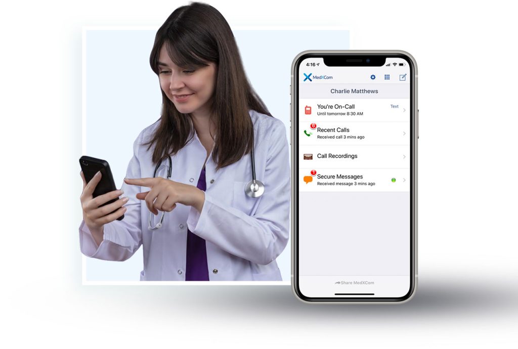 Female Doctor on cell with MedXCom App - home-on call-pic2